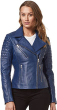 Load image into Gallery viewer, Women&#39;s Royal Blue Biker Leather Jacket |Single chest pocket with quilted shoulder
