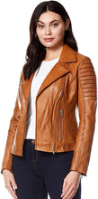 Load image into Gallery viewer, Tan leather Biker Jackets for Women&#39;s. 2021 Winter Collections Genuine Leather
