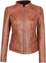 Load image into Gallery viewer, Leather jacket for Women&#39;s Tan color Designer jacket - leatherthirst
