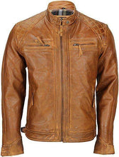 Load image into Gallery viewer, Leather jacket Tan with quilted shoulder and double pocket and adjustable belt - leatherthirst
