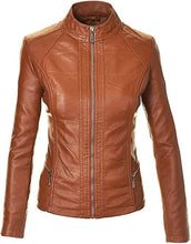Load image into Gallery viewer, Womens designer leather jacket. Tan color jackets for ladies. Handmade design for womens - leatherthirst
