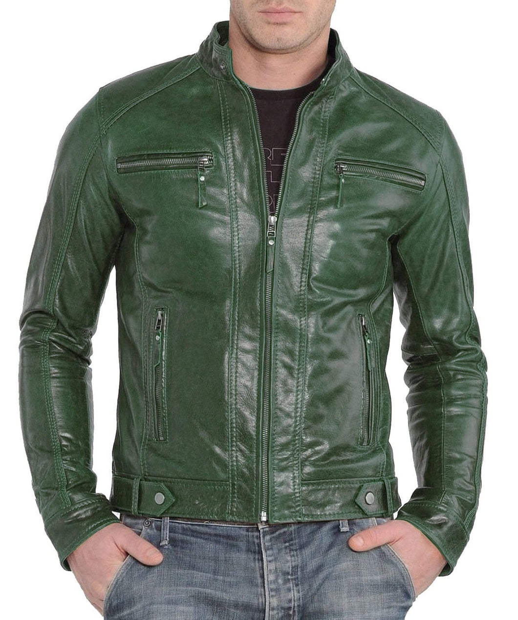 Men's Motorcycle Leather Jacket. Handmade 2022 Dark Green Genuine Leather Jackets