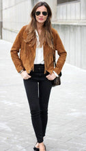 Load image into Gallery viewer, Ladies Fringe Suede Leather Jacket with Side Belts. Womens Collection
