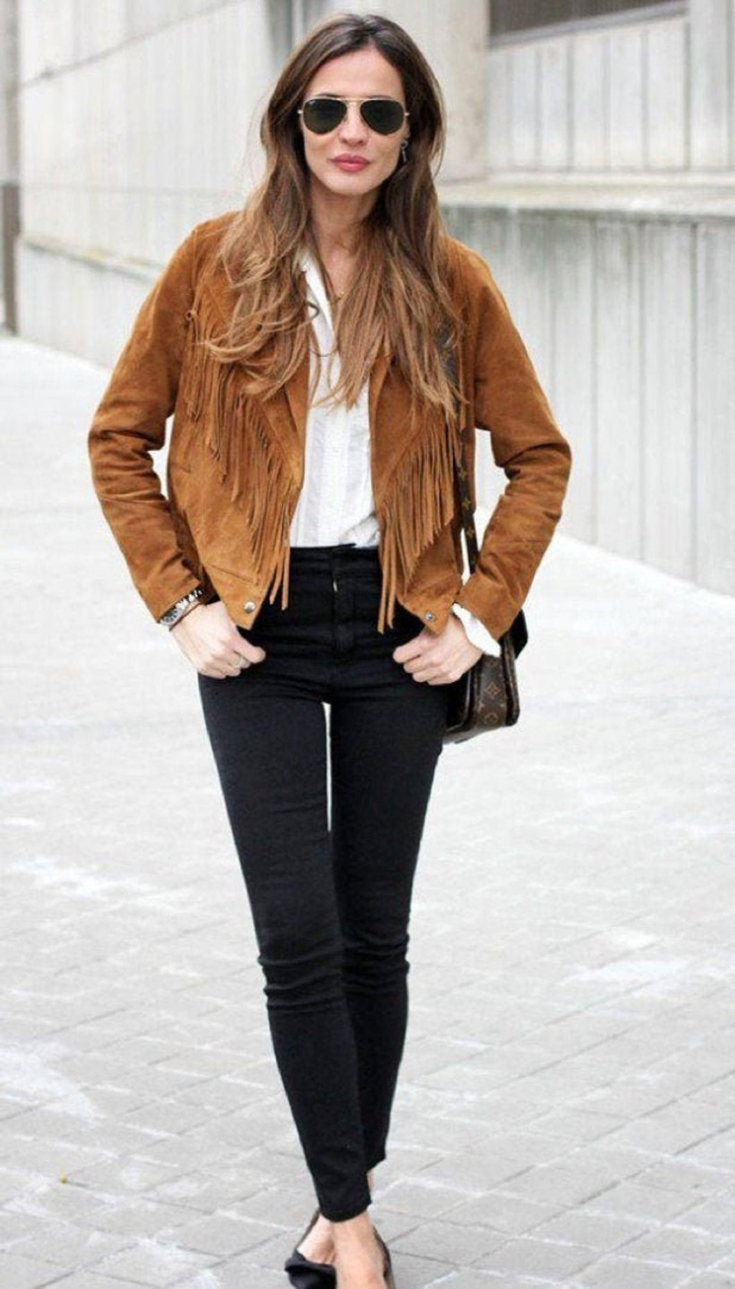 Ladies Fringe Suede Leather Jacket with Side Belts. Womens Collection