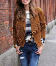 Load image into Gallery viewer, Womens Fringe fashion Suede Leather Jacket. Designer Denim leather Jackets
