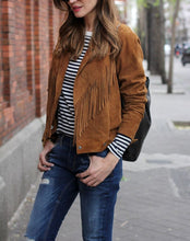 Load image into Gallery viewer, Womens Fringe fashion Suede Leather Jacket. Designer Denim leather Jackets
