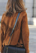 Load image into Gallery viewer, Ladies Fringe Suede Leather Jacket with Side Belts. Womens Collection
