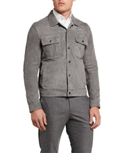 Load image into Gallery viewer, Mens Bomber jacket. Grey Denim Suede leather jacket for mens. 2021 New fashion
