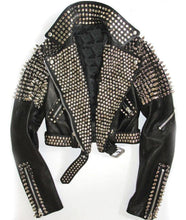 Load image into Gallery viewer, Womens Black studded Jacket. Genuine leather with best fittings. 2021 Womens fashion leather Jacket. Custom made - leatherthirst
