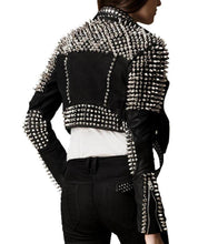 Load image into Gallery viewer, Womens Black studded Jacket. Genuine leather with best fittings. 2021 Womens fashion leather Jacket. Custom made - leatherthirst
