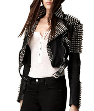 Load image into Gallery viewer, Womens Black studded Jacket. Genuine leather with best fittings. 2021 Womens fashion leather Jacket. Custom made - leatherthirst
