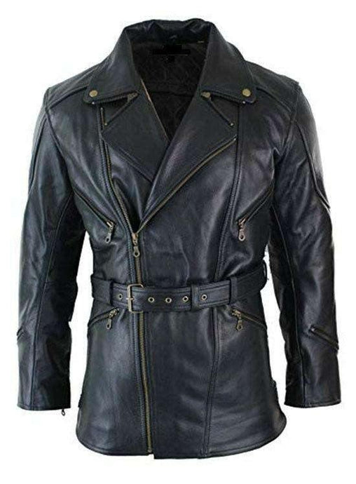 Men's Leather Coat with adjustable belt and cross zip - leatherthirst