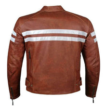 Load image into Gallery viewer, Biker jacket for Mens. Brown color with white stripes. - leatherthirst
