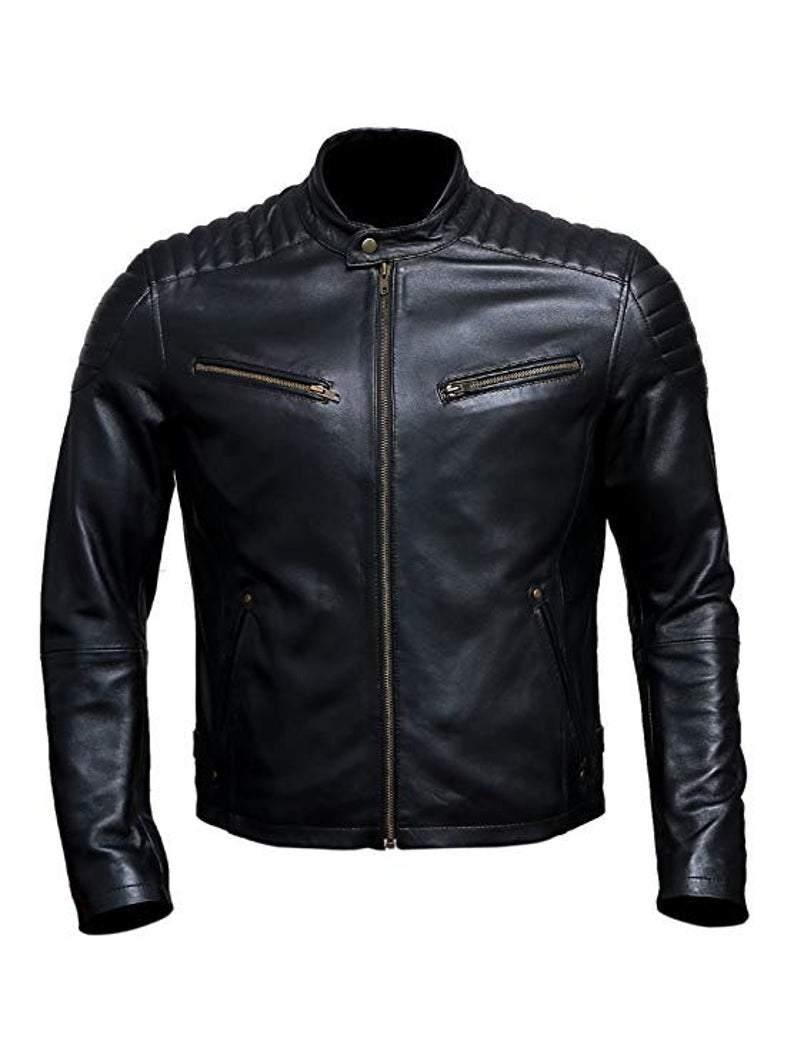 Simple Biker leather jacket for Mens. Best winterwear for Mens. Quilted shoulder - leatherthirst