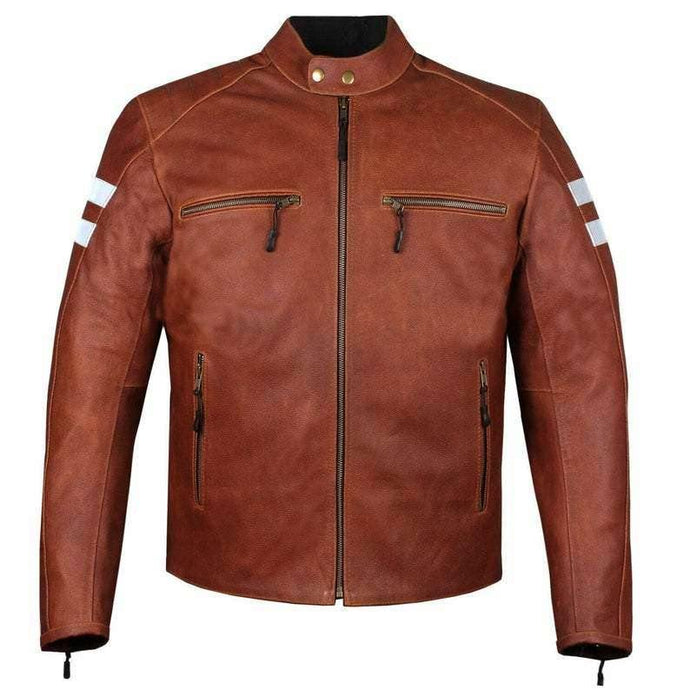 Biker jacket for Mens. Brown color with white stripes. - leatherthirst