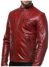 Load image into Gallery viewer, Mens Red Leather Jacket. Made from Lambskin. Fashionable outwear for mens. - leatherthirst
