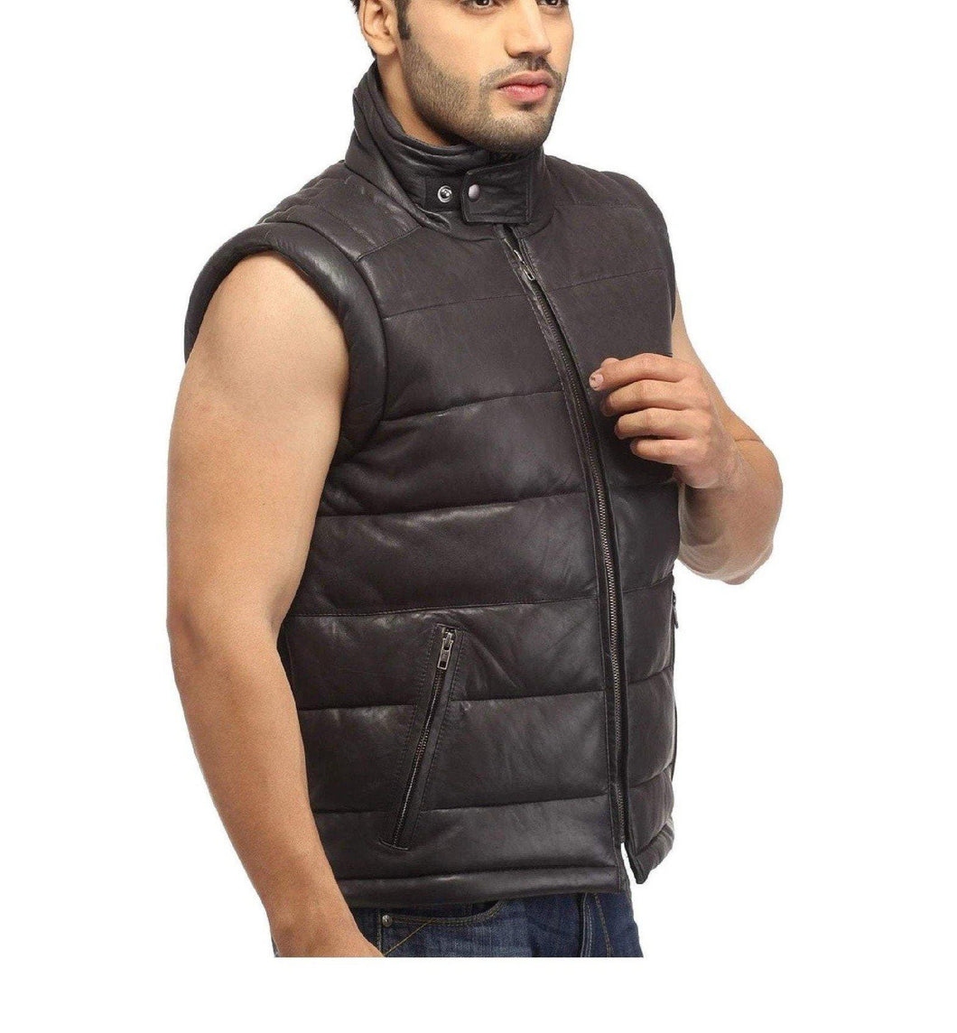 Mens Genuine leather Puffer jacket. Mens leather Vest 2021 - leatherthirst