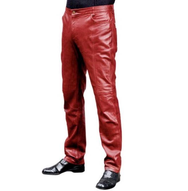 Mens Genuine Red Leather Pant. Slim fit  Mens Trousers. - leatherthirst