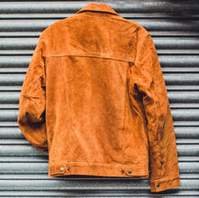 Load image into Gallery viewer, Mens Tan Suede Leather jacket. Denim leather jackets for Mens. Fashionable outwear for mens
