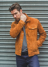 Load image into Gallery viewer, Mens Tan Suede Leather jacket. Denim leather jackets for Mens. Fashionable outwear for mens
