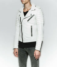 Load image into Gallery viewer, White Mens Biker Leather Jacket Quilted Sleeves and Zipper Mens Fashion
