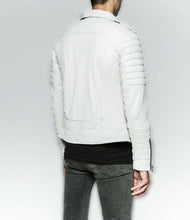 Load image into Gallery viewer, White Mens Biker Leather Jacket Quilted Sleeves and Zipper Mens Fashion
