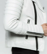 Load image into Gallery viewer, White Mens Biker Leather Jacket Quilted Sleeves and Zipper Mens Fashion
