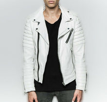 Load image into Gallery viewer, White Mens Biker Leather Jacket Quilted Sleeves and Zipper Mens Fashion
