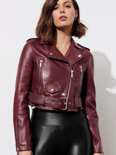 Load image into Gallery viewer, Womens Maroon Biker Jacket with adjustable Waist-belt
