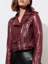 Load image into Gallery viewer, Womens Maroon Biker Jacket with adjustable Waist-belt
