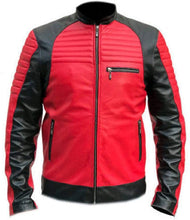 Load image into Gallery viewer, Men&#39;s Quilted Motorcycle Leather Jacket Handmade. 2022 Red &amp; Black Genuine Leather Jacket.
