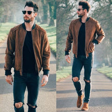 Load image into Gallery viewer, Men&#39;s Suede Leather Jacket With Chinese Collar.  Genuine Leather Jacket in Penny Brown Color.
