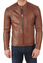 Load image into Gallery viewer, Mens Motorcycle Jacket Quilted sleeves Tan color Designer Jacket
