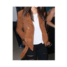 Load image into Gallery viewer, Womens brown Suede Leather Jacket. Biker Denim leather jacket new trend.
