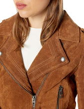 Load image into Gallery viewer, Womens brown Suede Leather Jacket. Biker Denim leather jacket new trend.
