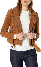 Load image into Gallery viewer, Womens brown Suede Leather Jacket. Biker Denim leather jacket new trend.
