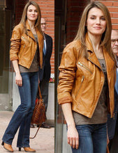 Load image into Gallery viewer, Short Leather jacket Tan color for womens. Biker tan jacket - leatherthirst
